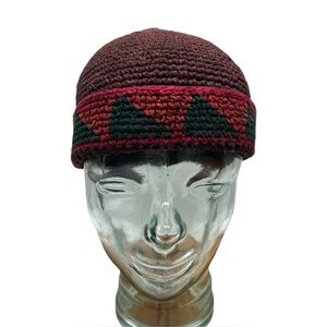 HANDMADE Crochet Kufi Skull Cap Adult OS Boho Tribal Fishermans Watch Hat Red